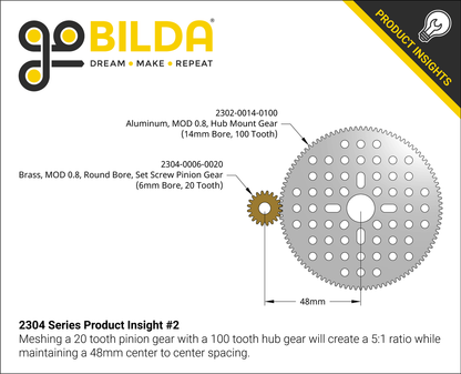 2304 Series Brass, MOD 0.8 Pinion Gear (6mm Bore, 20 Tooth)