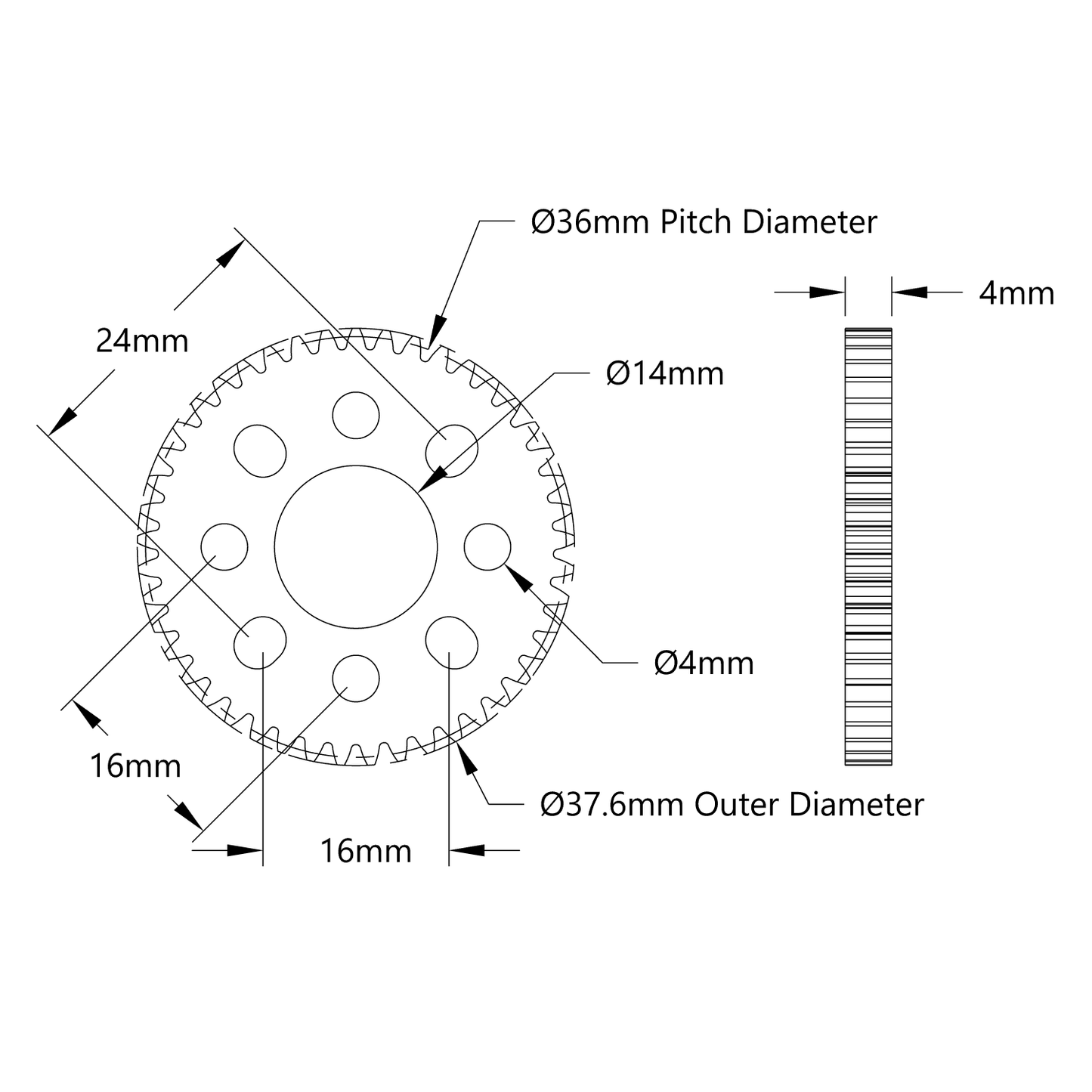 45 Tooth Hub-Mount Gear (MOD 0.8, 4mm Thick Acetal)