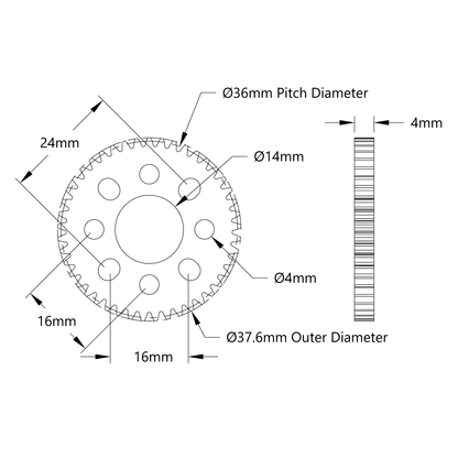 45 Tooth Hub-Mount Gear (MOD 0.8, 4mm Thick Acetal)