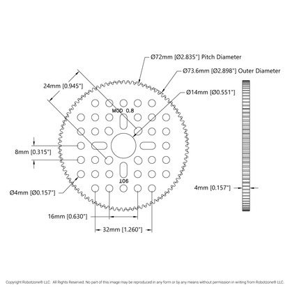 90 Tooth Hub-Mount Gear (MOD 0.8, 4mm Thick Acetal)