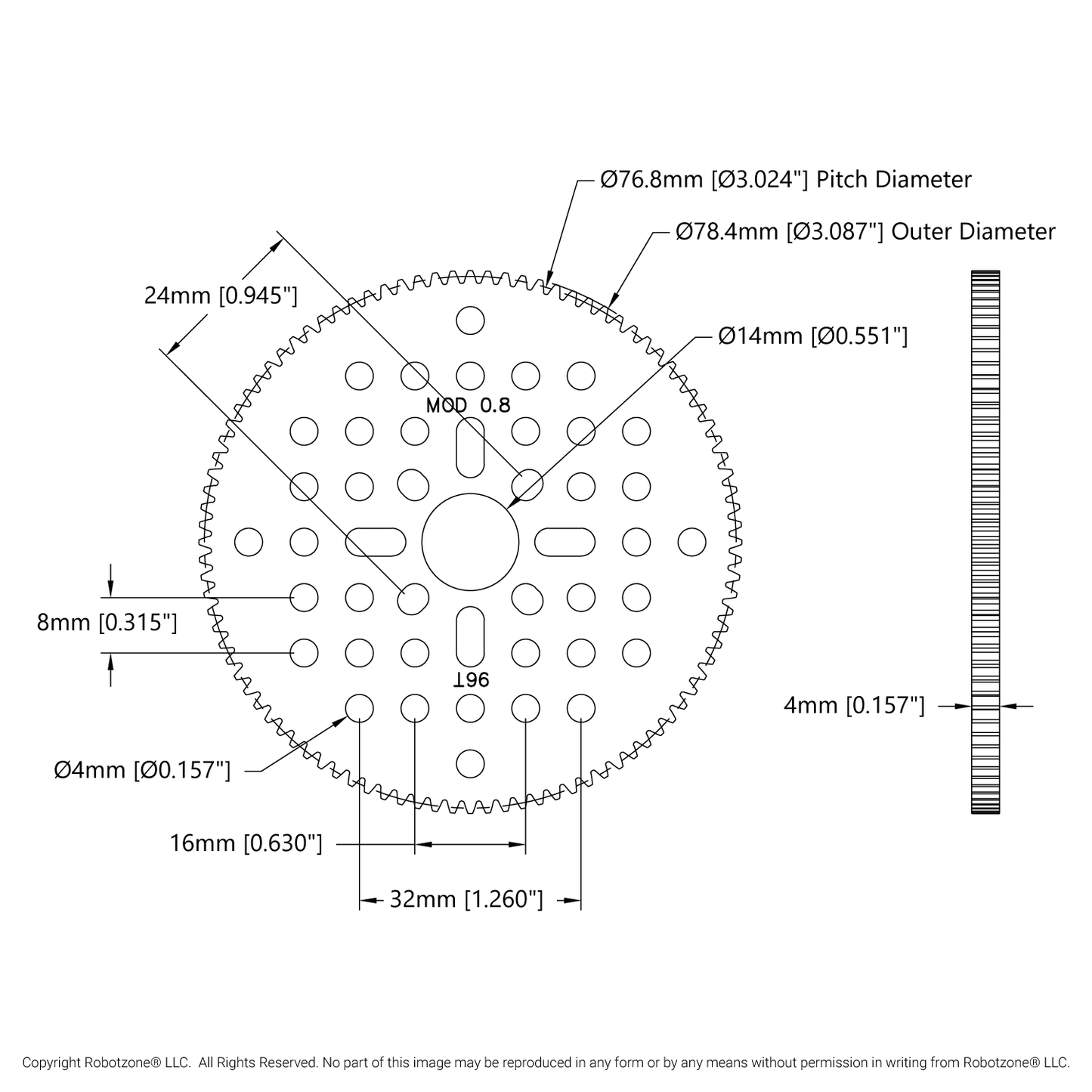 96 Tooth Hub-Mount Gear (MOD 0.8, 4mm Thick Acetal)