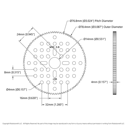 96 Tooth Hub-Mount Gear (MOD 0.8, 4mm Thick Acetal)