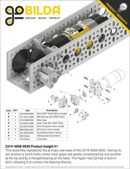 2319 Series MOD 1.25 Steel Miter Gear (8mm REX™ Bore, 30 Tooth)