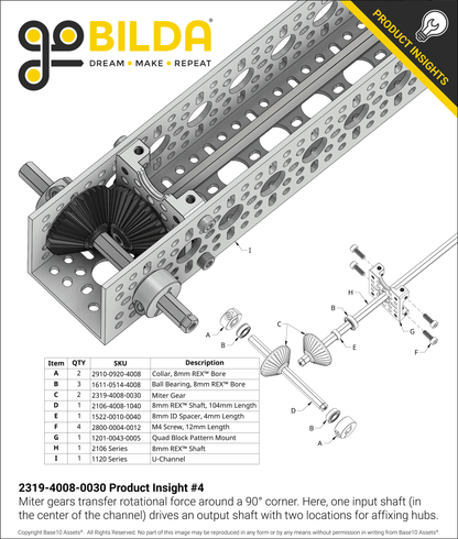 2319 Series MOD 1.25 Steel Miter Gear (8mm REX™ Bore, 30 Tooth)