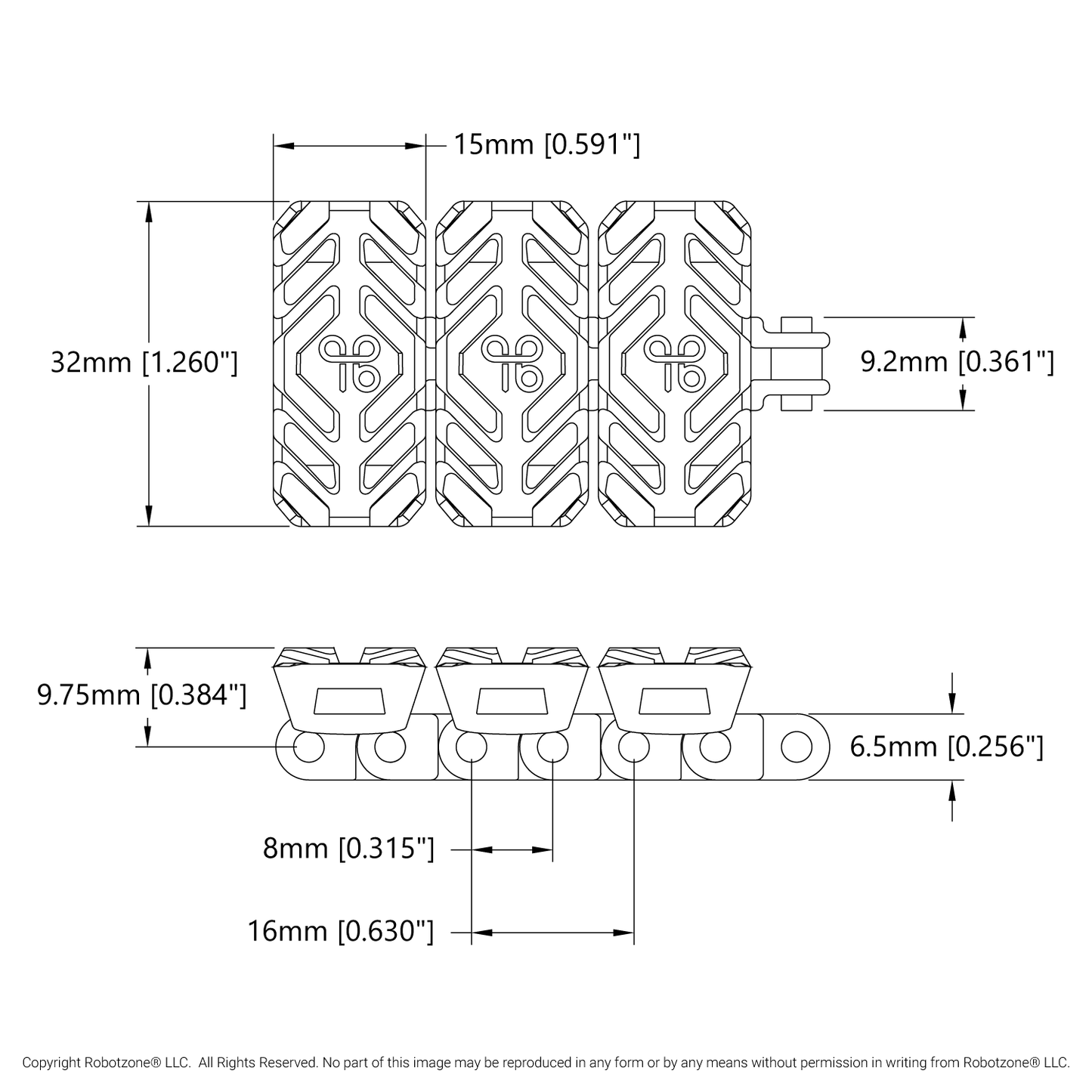 Tumbleweed Tank Track (800mm Length, 50A Durometer Treads)