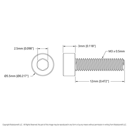 Zinc-Plated Steel Socket Head Screw (M3 x 0.5mm, 12mm Length) - 6 Pack