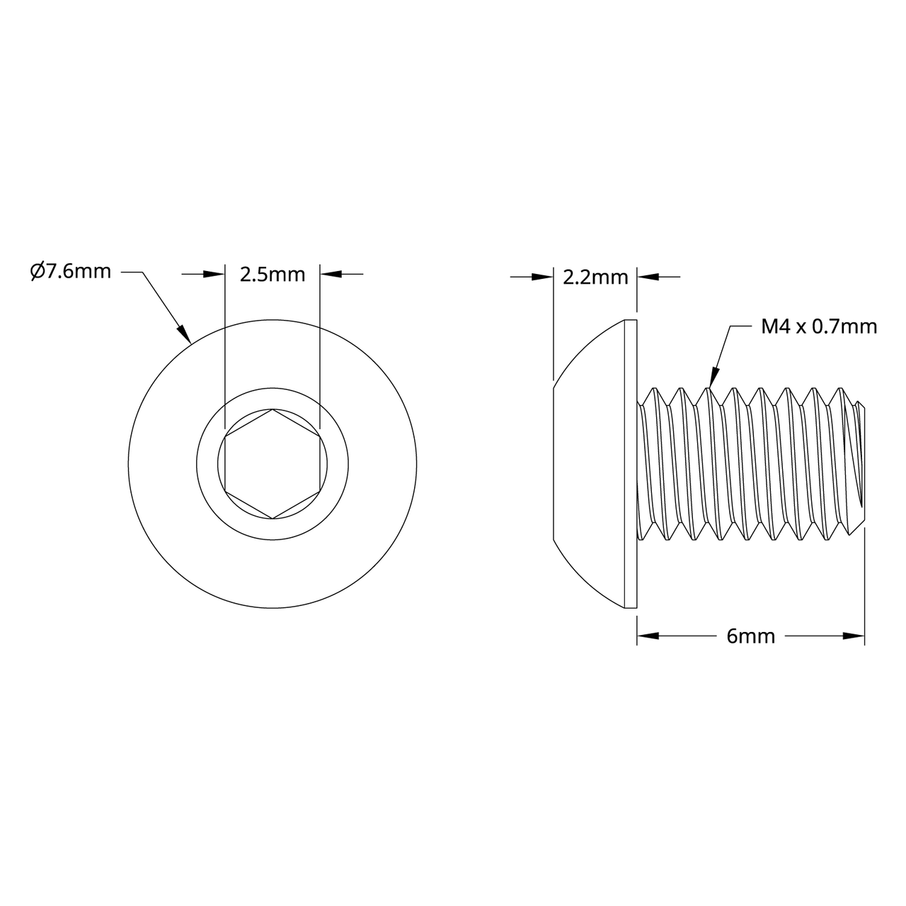 2802 Series Zinc-Plated Steel Button Head Screw (M4 x 0.7mm, 6mm Length) - 25 Pack