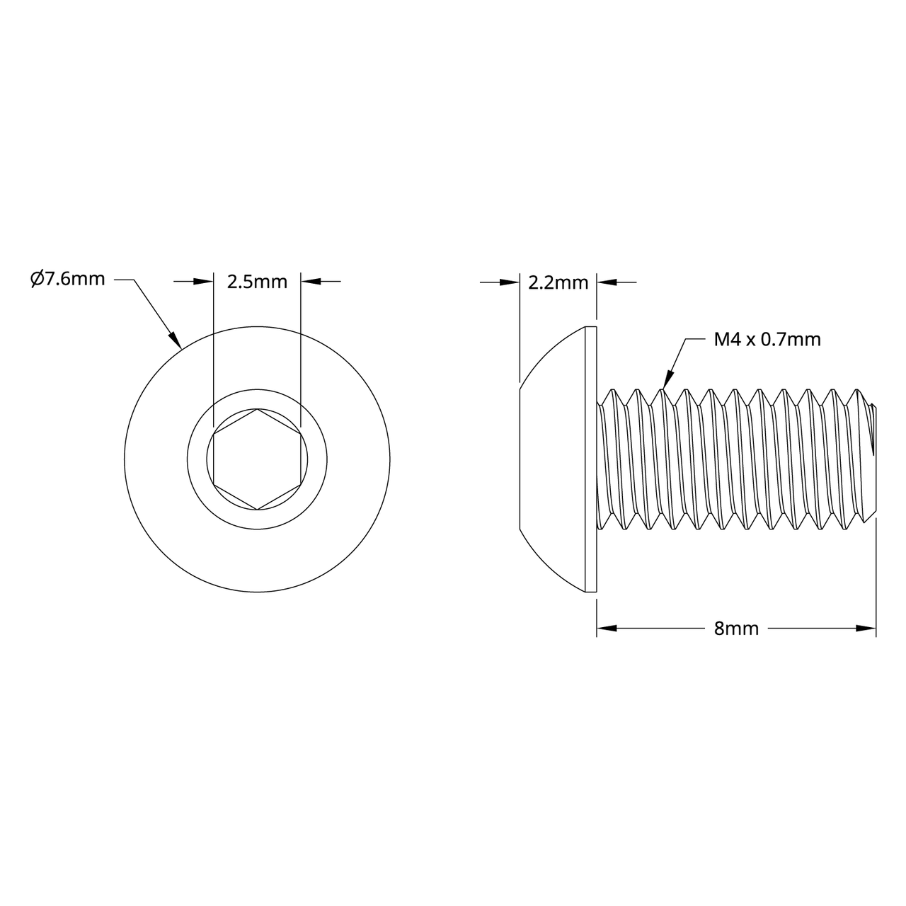 2802 Series Zinc-Plated Steel Button Head Screw (M4 x 0.7mm, 8mm Length) - 25 Pack