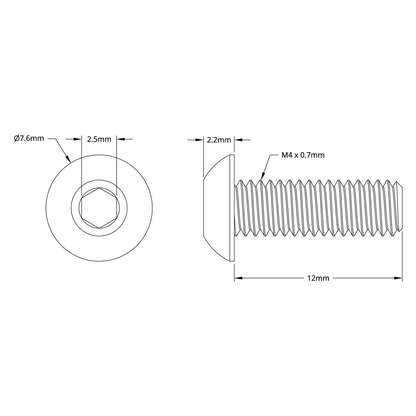 2802 Series Zinc-Plated Steel Button Head Screw (M4 x 0.7mm, 12mm Length) - 25 Pack