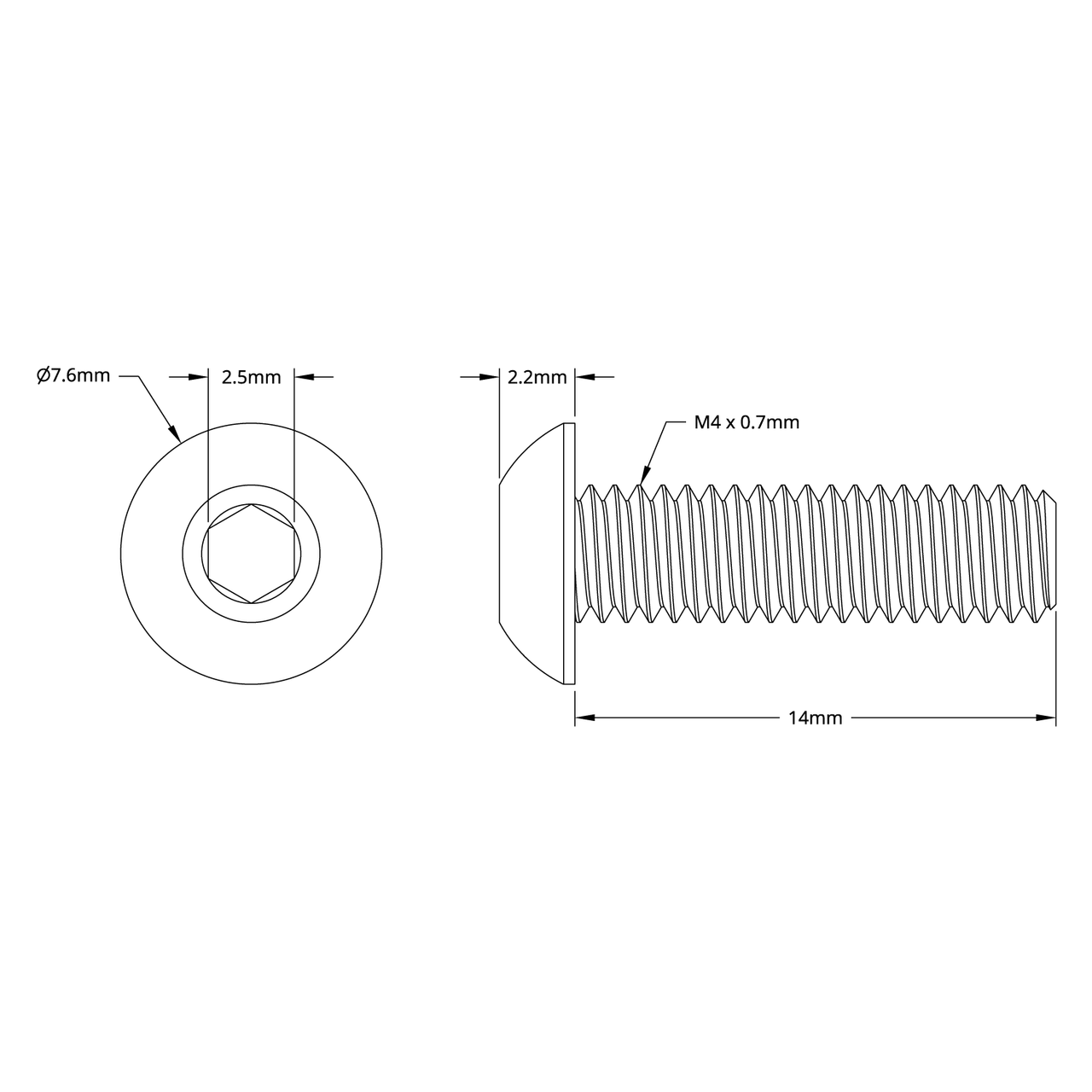 2802 Series Zinc-Plated Steel Button Head Screw (M4 x 0.7mm, 14mm Length) - 25 Pack