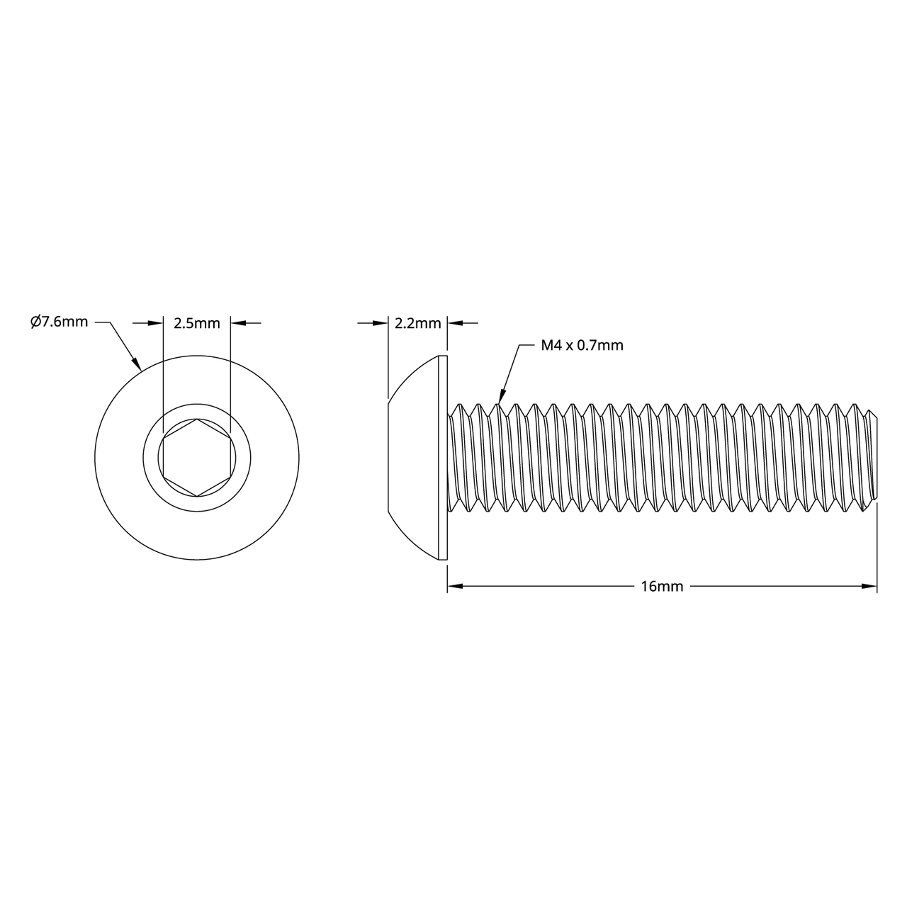 2802 Series Zinc-Plated Steel Button Head Screw (M4 x 0.7mm, 16mm Length) - 25 Pack