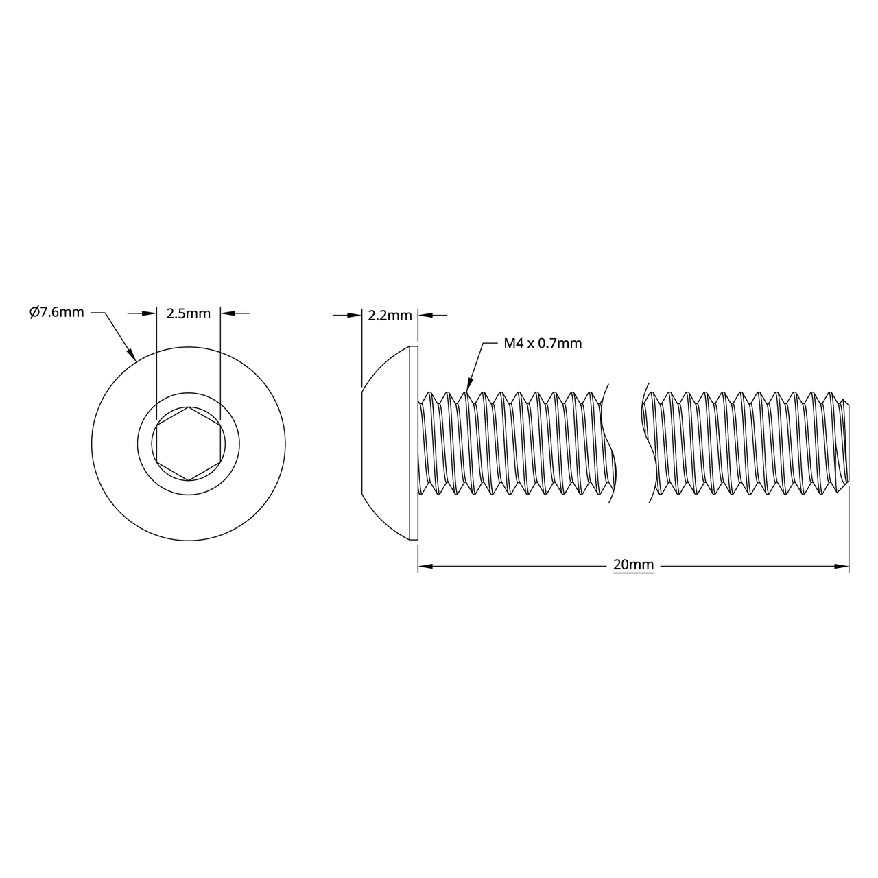 2802 Series Zinc-Plated Steel Button Head Screw (M4 x 0.7mm, 20mm Length) - 25 Pack