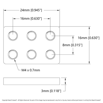 2 x 3 Hole Steel Threaded Plate (16mm x 24mm) - 2 Pack