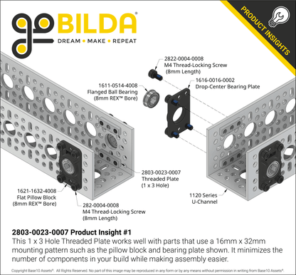 1 x 3 Hole Steel Threaded Plate (7mm x 23mm) - 4 Pack