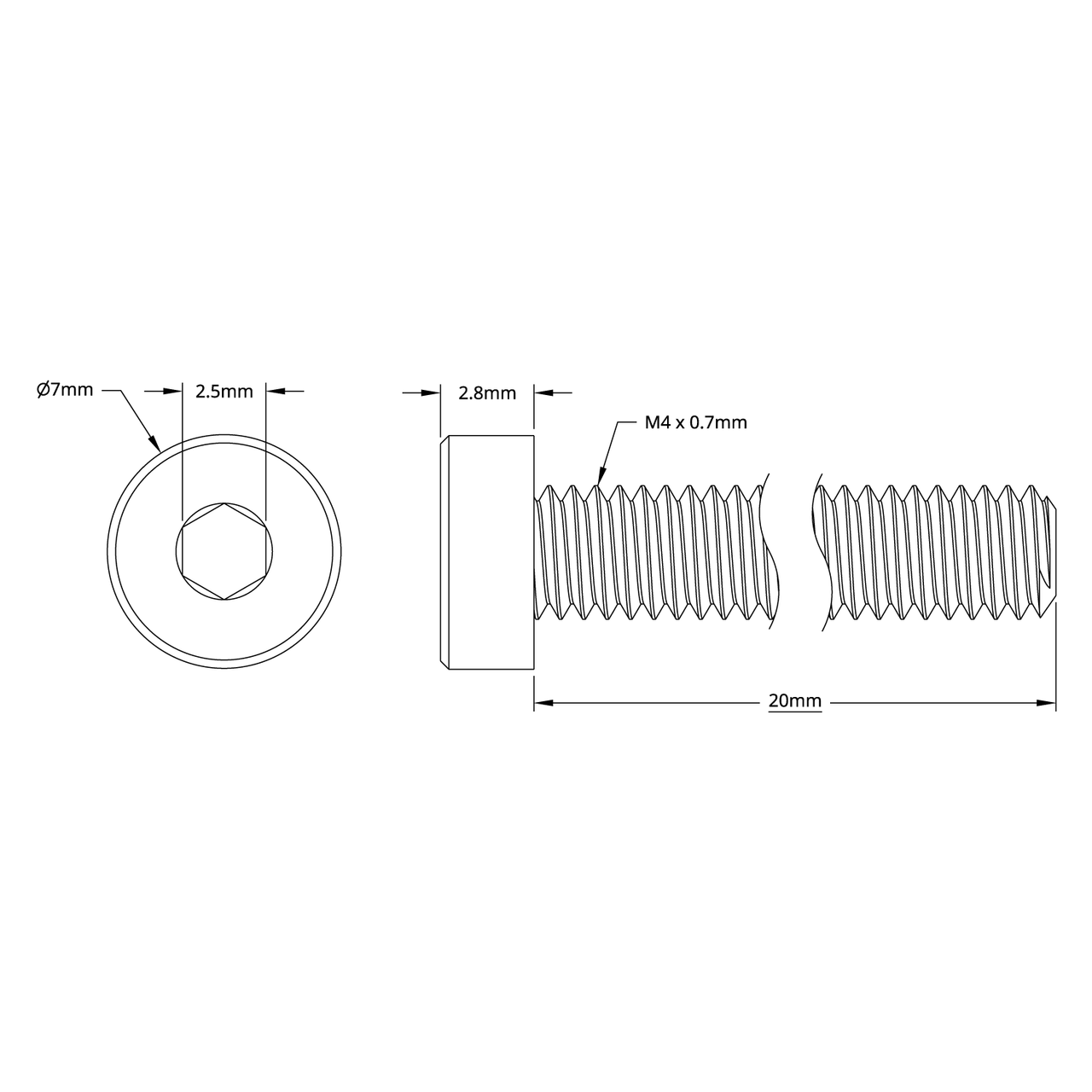 2804 Series Zinc-Plated Steel Low Profile Socket Head Screw (M4 x 0.7mm, 20mm Length) - 25 Pack