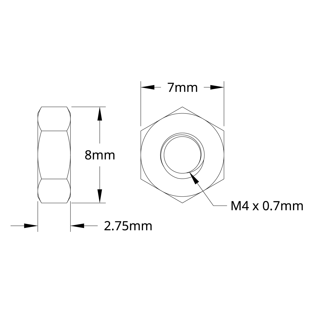 2811 Series Zinc-Plated Steel Hex Nut (M4 x 0.7mm, 7mm Hex) - 25 Pack