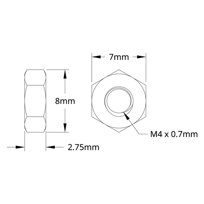 2811 Series Zinc-Plated Steel Hex Nut (M4 x 0.7mm, 7mm Hex) - 25 Pack