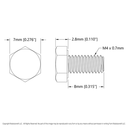 Zinc-Plated Steel Hex Head Screw (M4 x 0.7mm, 8mm Length) - 25 Pack