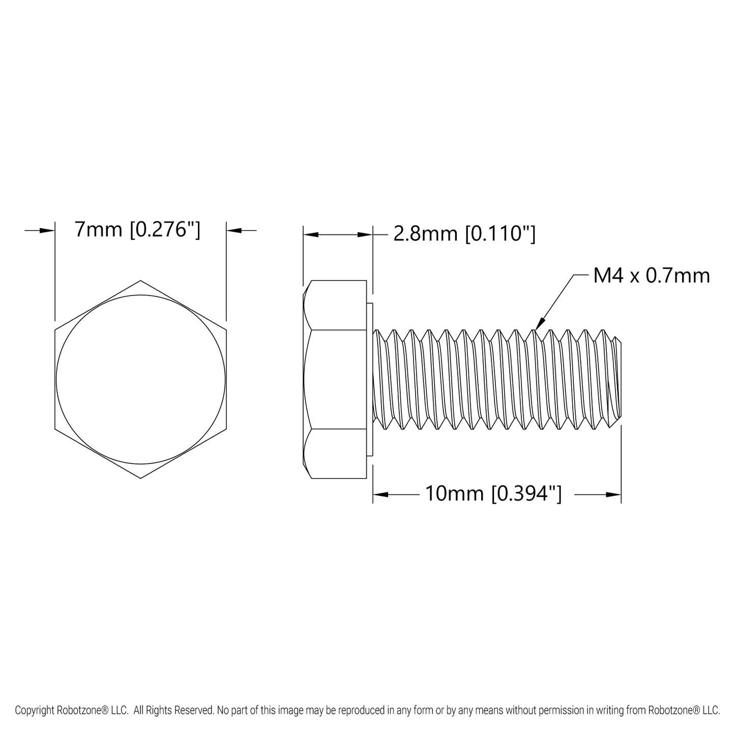 Zinc-Plated Steel Hex Head Screw (M4 x 0.7mm, 10mm Length) - 25 Pack