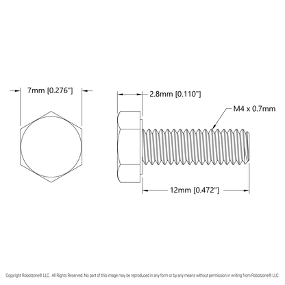 Zinc-Plated Steel Hex Head Screw (M4 x 0.7mm, 12mm Length) - 25 Pack