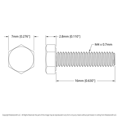 Zinc-Plated Steel Hex Head Screw (M4 x 0.7mm, 16mm Length) - 25 Pack