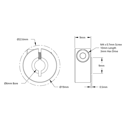 2910 Series Aluminum Clamping Collar (6mm ID x 19mm OD, 9mm Length)