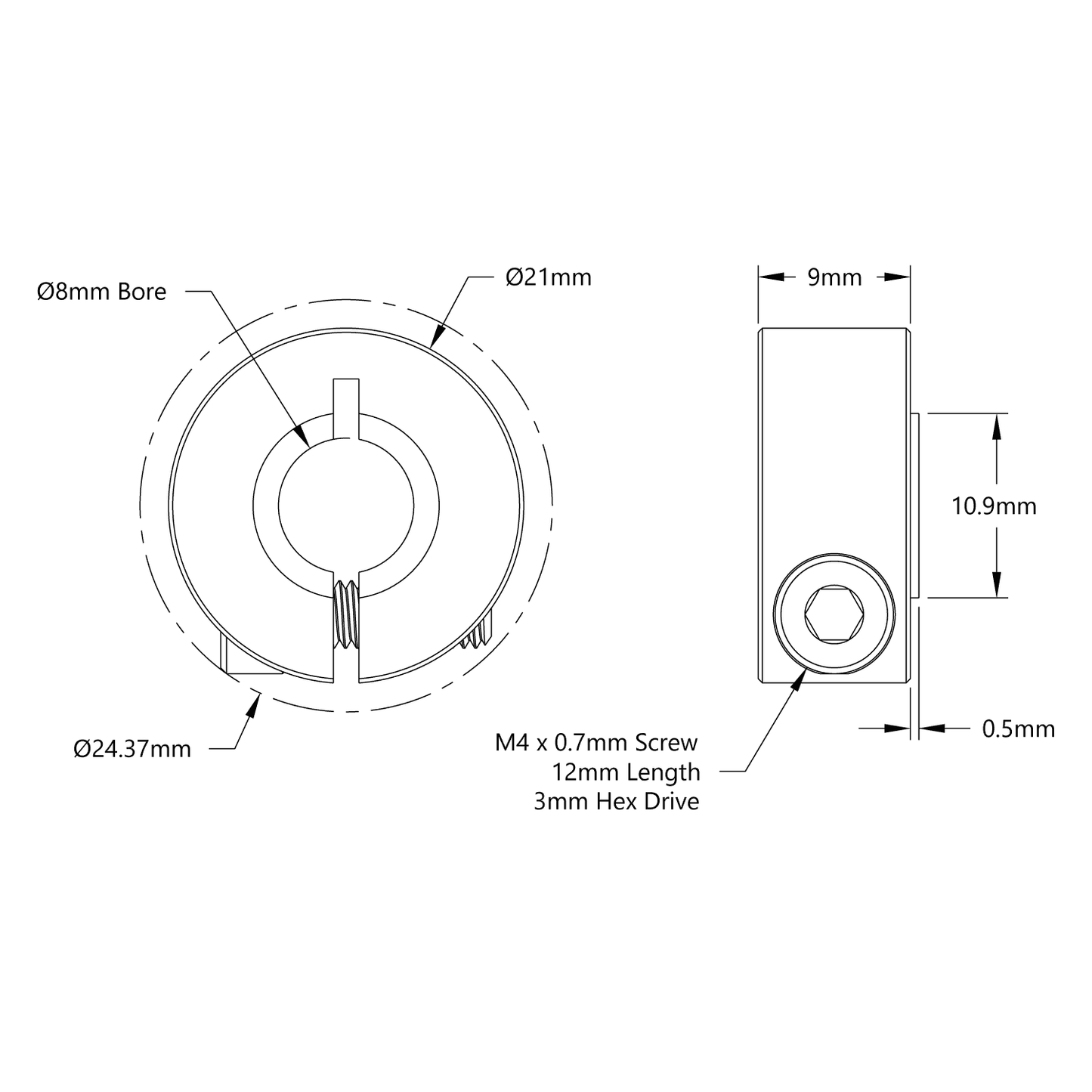 2910 Series Aluminum Clamping Collar (8mm ID x 21mm OD, 9mm Length)