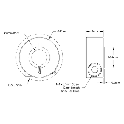 2910 Series Aluminum Clamping Collar (8mm ID x 21mm OD, 9mm Length)