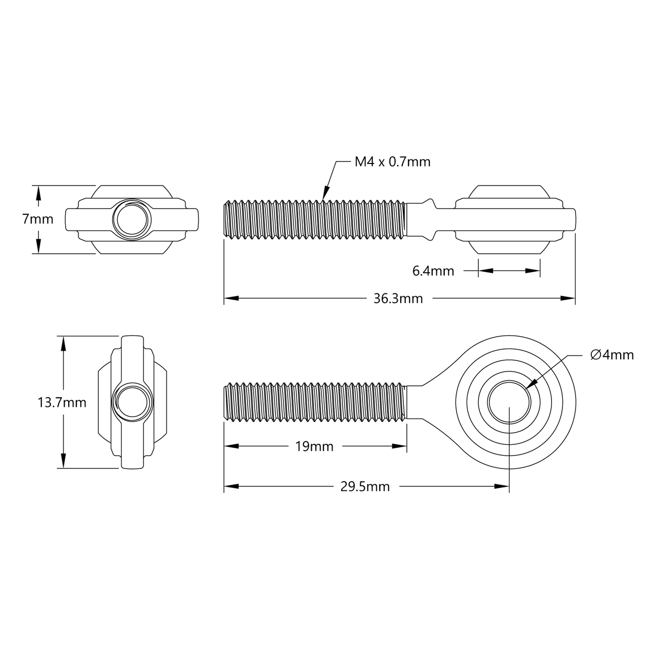 2913 Series Steel Ball Linkage (Male M4 x 0.7mm, 29.4mm Length) - 2 Pack