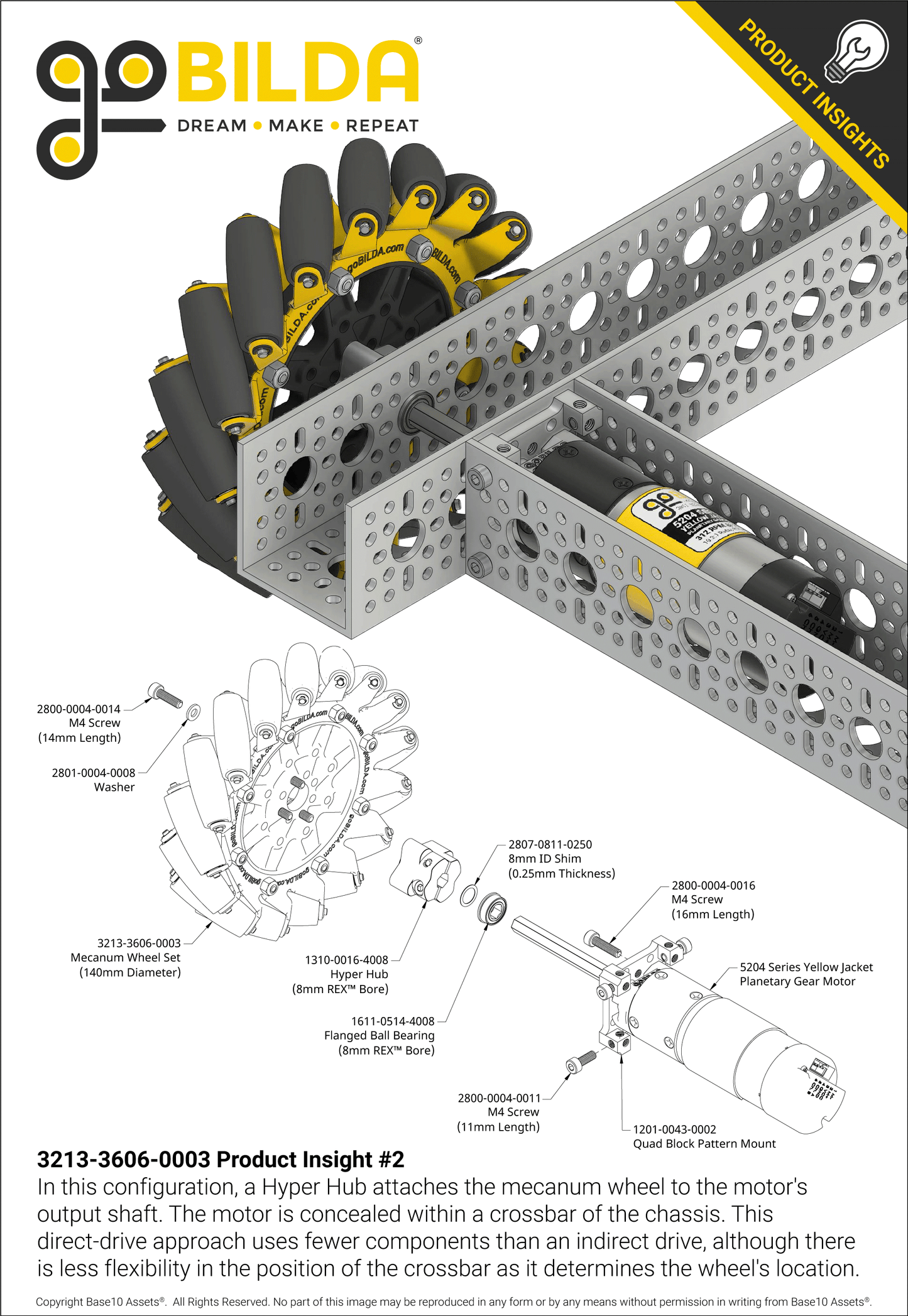 140mm Mecanum Wheel Set (70A Durometer Bearing Supported Rollers)