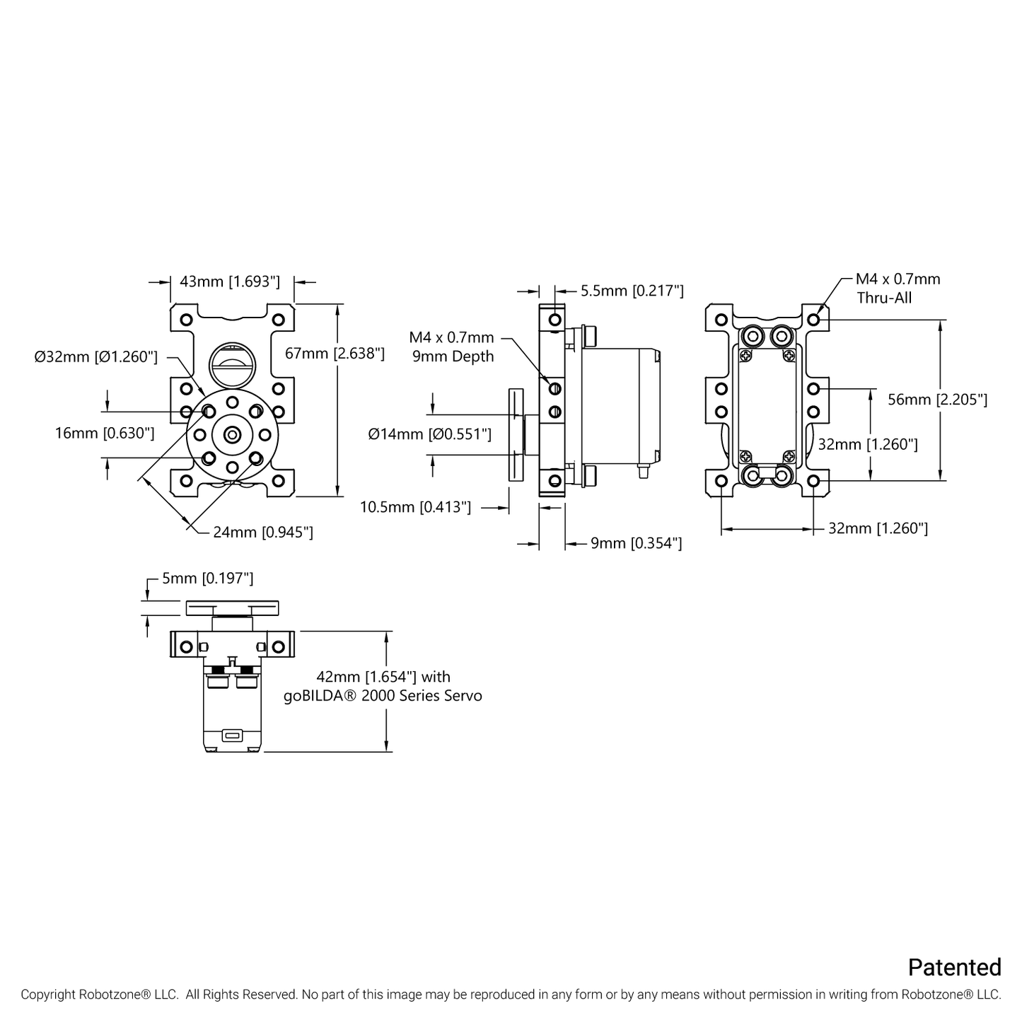 Compact ServoBlock® (43mm Width, For Standard Size H25T Spline Servo, Hub-Shaft)