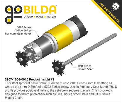 3307 Series 8mm Pitch Steel Set-Screw Sprocket (6mm D-Bore, 10 Tooth)