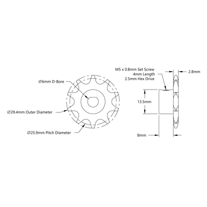 3307 Series 8mm Pitch Steel Set-Screw Sprocket (6mm D-Bore, 10 Tooth)