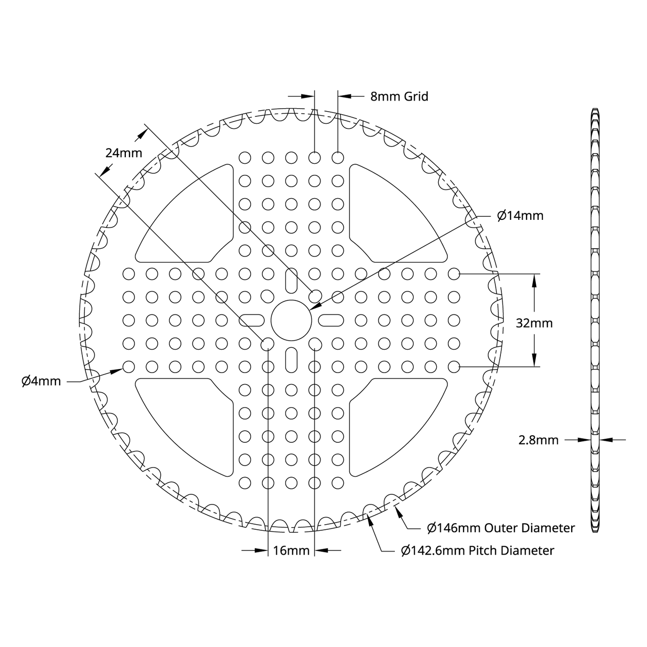 3310 Series 8mm Pitch Aluminum Hub Mount Sprocket (14mm Bore, 56 Tooth)