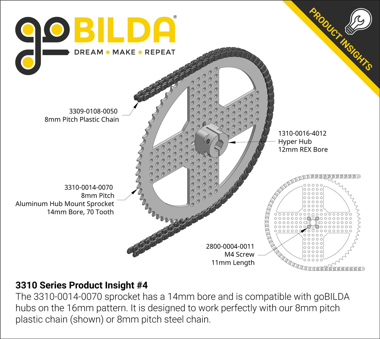 3310 Series 8mm Pitch Aluminum Hub Mount Sprocket (14mm Bore, 70 Tooth)