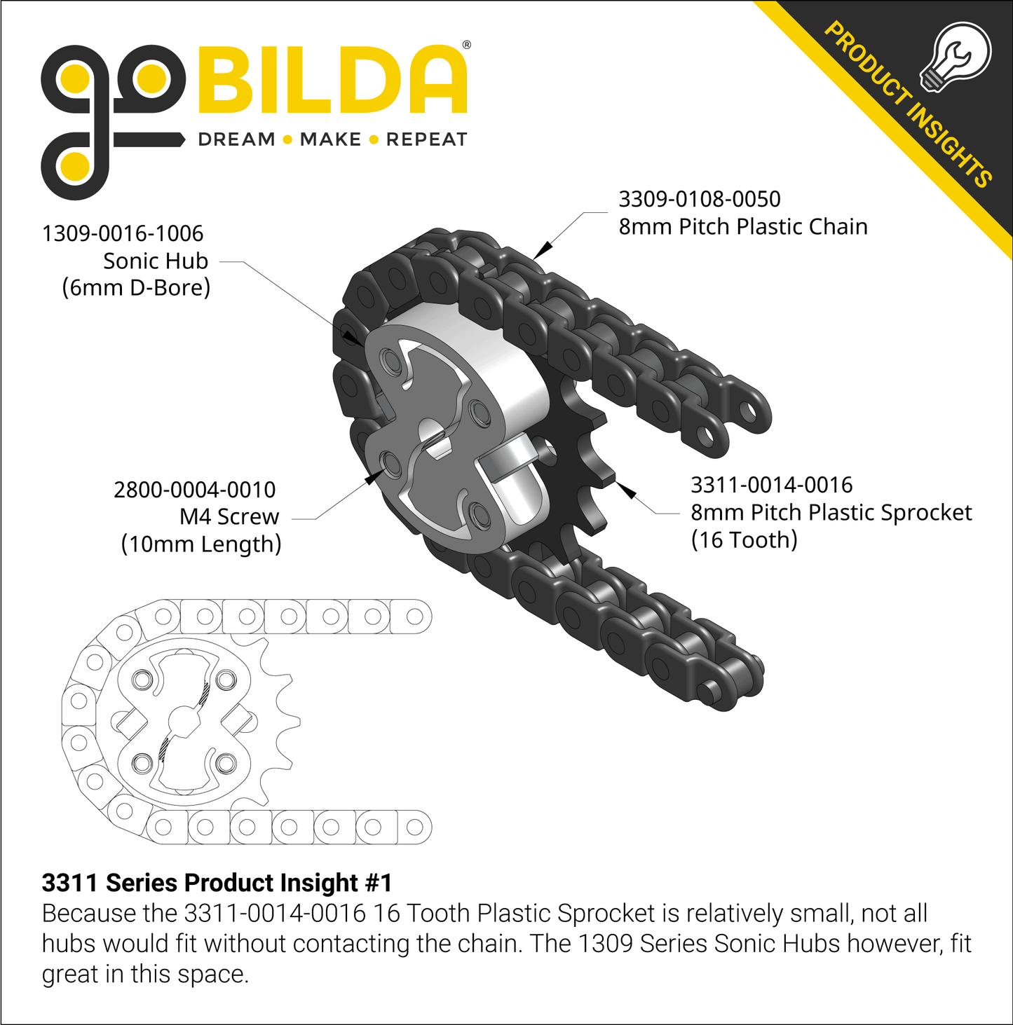 8mm Pitch Acetal Hub-Mount Sprocket (14mm Bore, 16 Tooth)