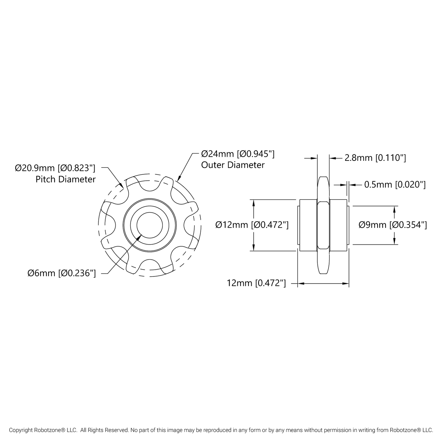 8mm Pitch Slip-Fit Idler Sprocket (6mm Bore, 8 Tooth) - 2 Pack