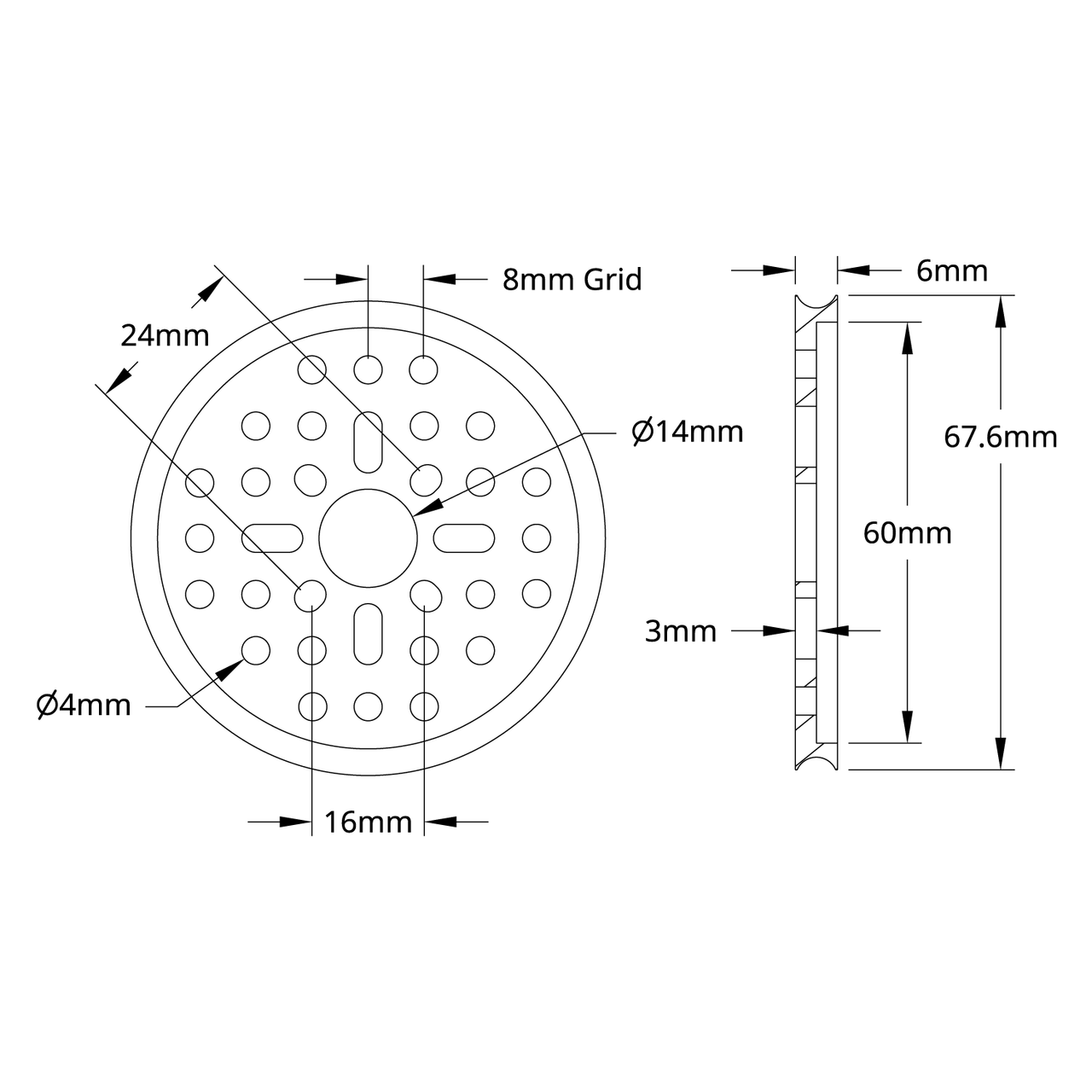 3400 Series Hub Mount Round Belt Pulley (14mm Bore, 64mm PD)