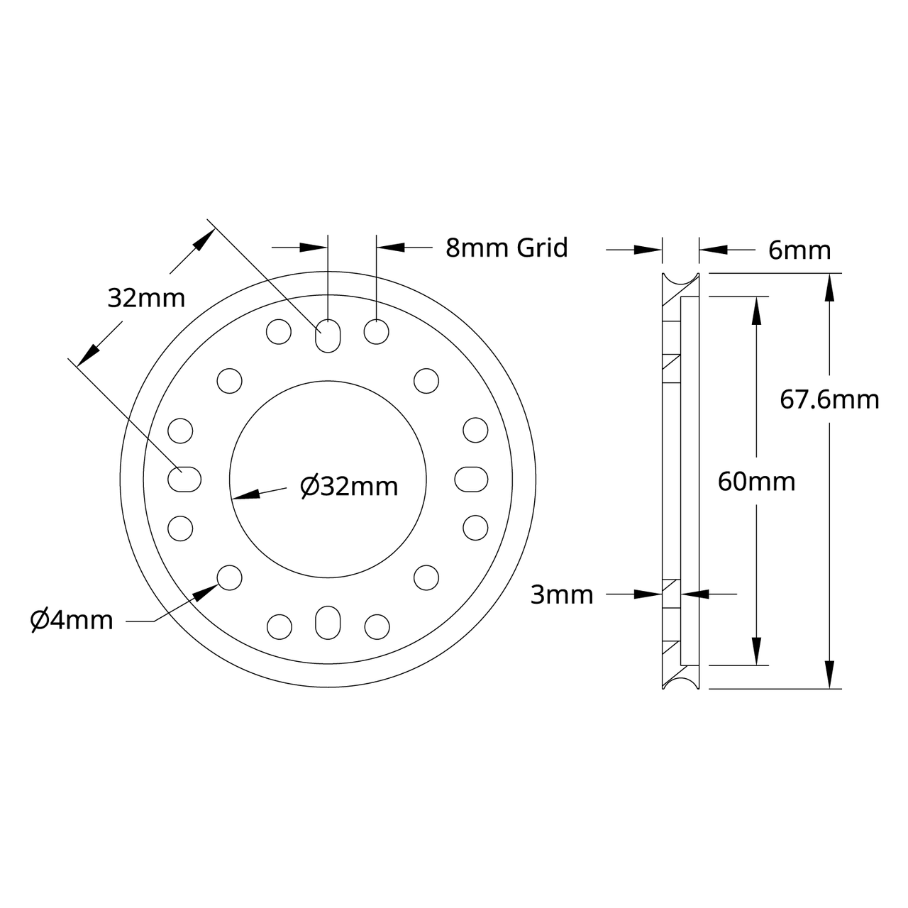 3400 Series Hub Mount Round Belt Pulley (32mm Bore, 64mm PD)