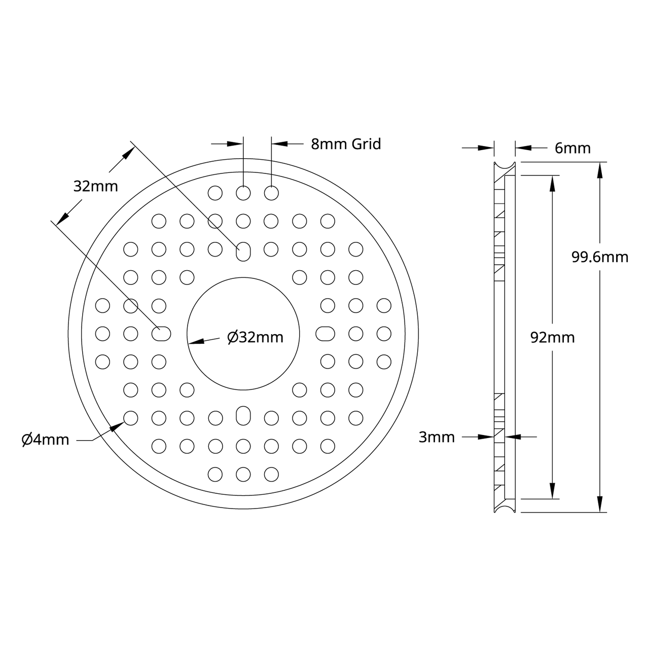 3400 Series Hub Mount Round Belt Pulley (32mm Bore, 96mm PD)