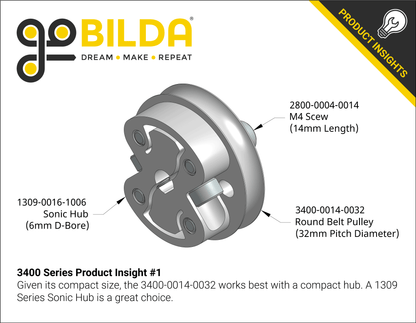 3400 Series Hub Mount Round Belt Pulley (14mm Bore, 32mm PD)