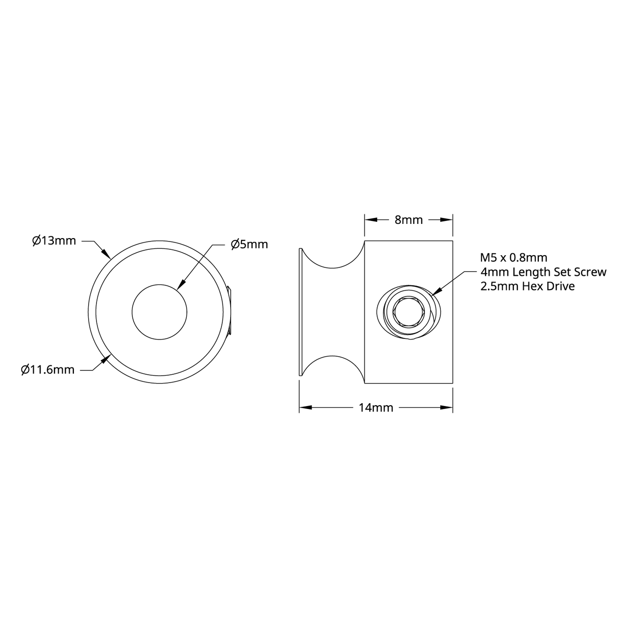 3401 Series Set-Screw Round Belt Pulley (5mm Bore, 8mm PD)