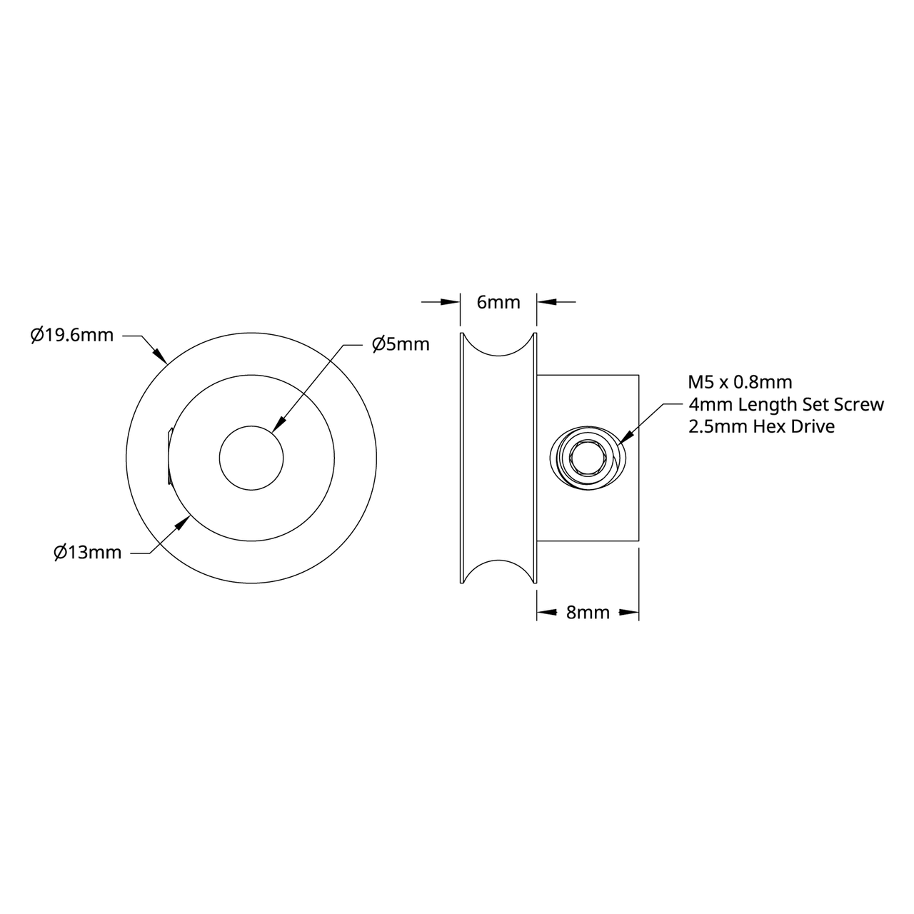 3401 Series Set-Screw Round Belt Pulley (5mm Bore, 16mm PD)