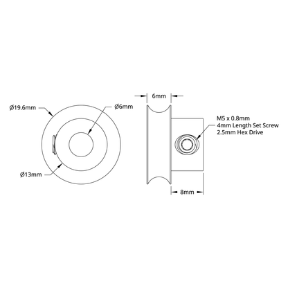 3401 Series Set-Screw Round Belt Pulley (6mm Bore, 16mm PD)