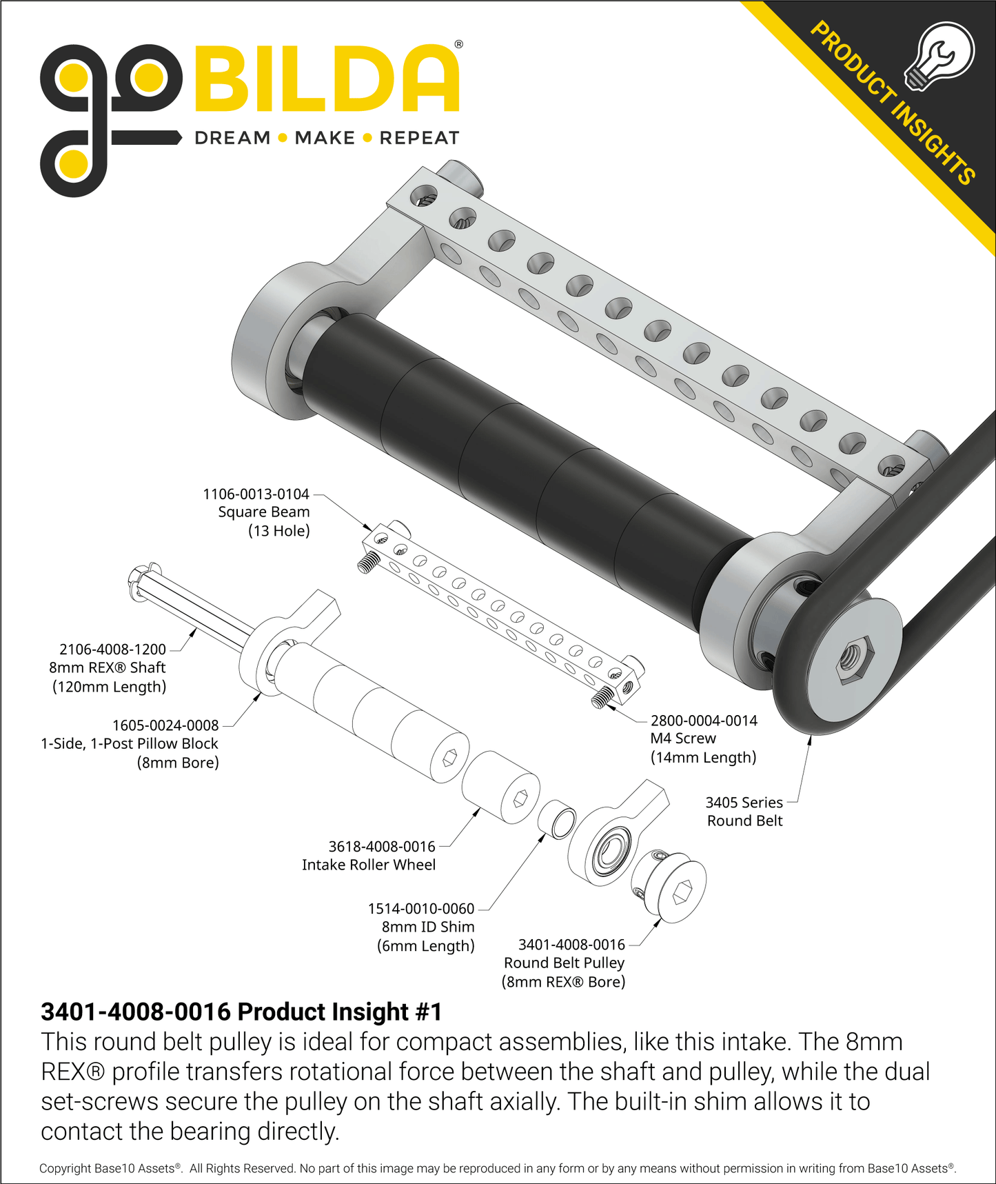 3401 Series Set-Screw Round Belt Pulley (8mm REX™ Bore, 16mm PD)