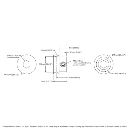 3401 Series Set-Screw Round Belt Pulley (8mm REX™ Bore, 16mm PD)