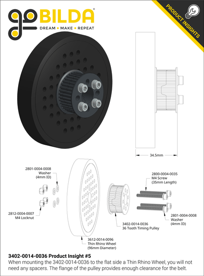 3402 Series 3mm HTD Pitch Plastic Hub Mount Timing Belt Pulley (14mm Bore, 36 Tooth)