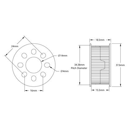 3402 Series 3mm HTD Pitch Plastic Hub Mount Timing Belt Pulley (14mm Bore, 36 Tooth)