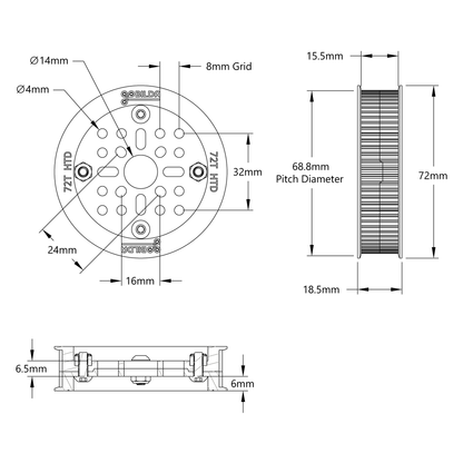 3402 Series 3mm HTD Pitch Plastic Hub Mount Timing Belt Pulley (14mm Bore, 72 Tooth)