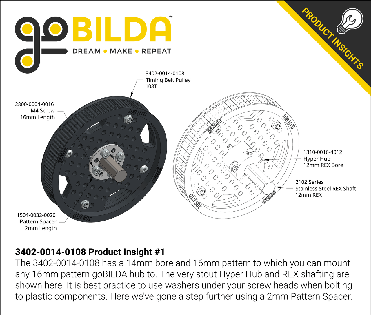 3402 Series 3mm HTD Pitch Plastic Hub Mount Timing Belt Pulley (14mm Bore, 108 Tooth)